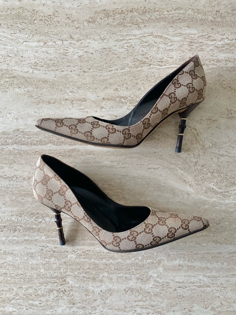 Gucci GG Canvas Pointed-Toe Pumps in Beige and Brown - Picture 2 of 10